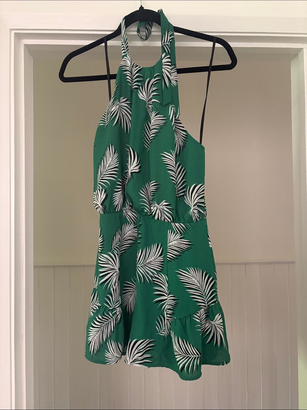 Green Palm-Print Halter Romper